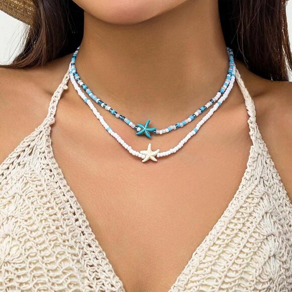 Bohemian Beaded Necklace for Women Layered Choker with Blue Starfish Pendant - Picture 2 of 6